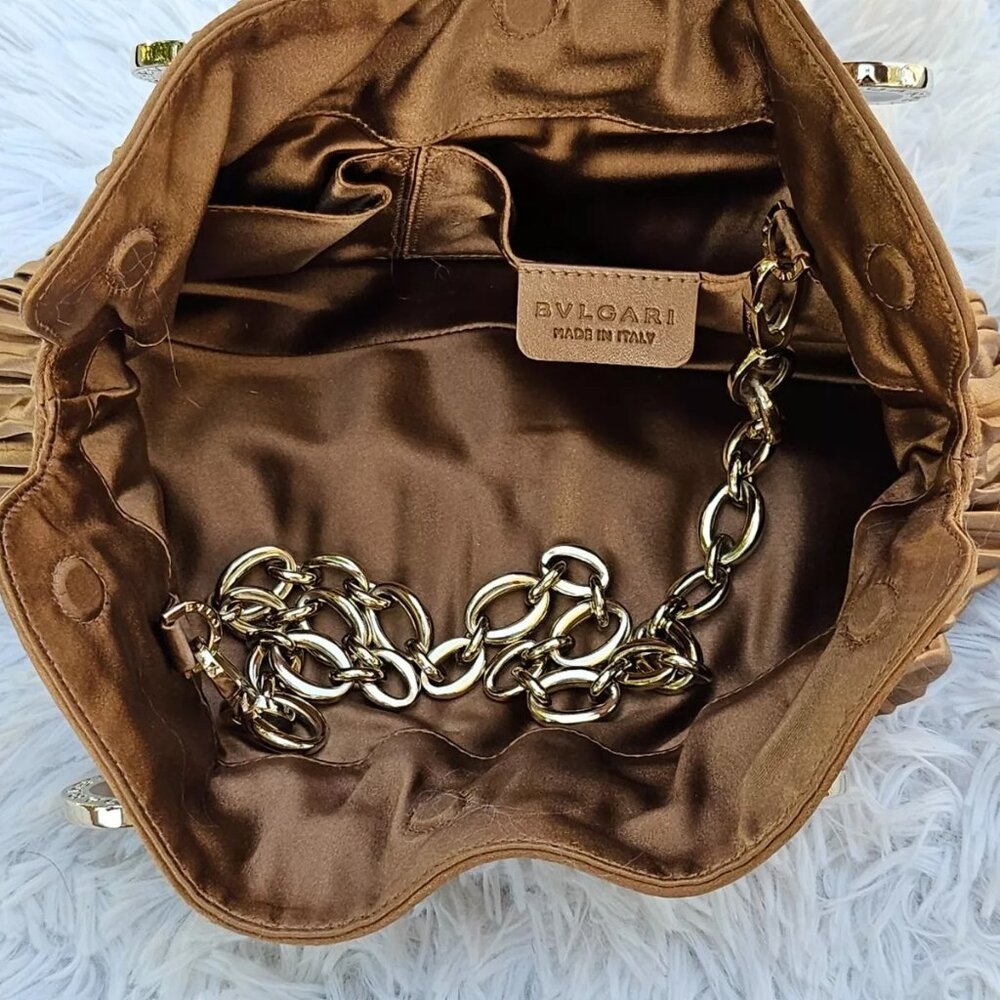 BVLGARI Handbag Metallic Brown Pleated Satin Clutch Gold Tone Hardware Purse - Picture 10 of 12